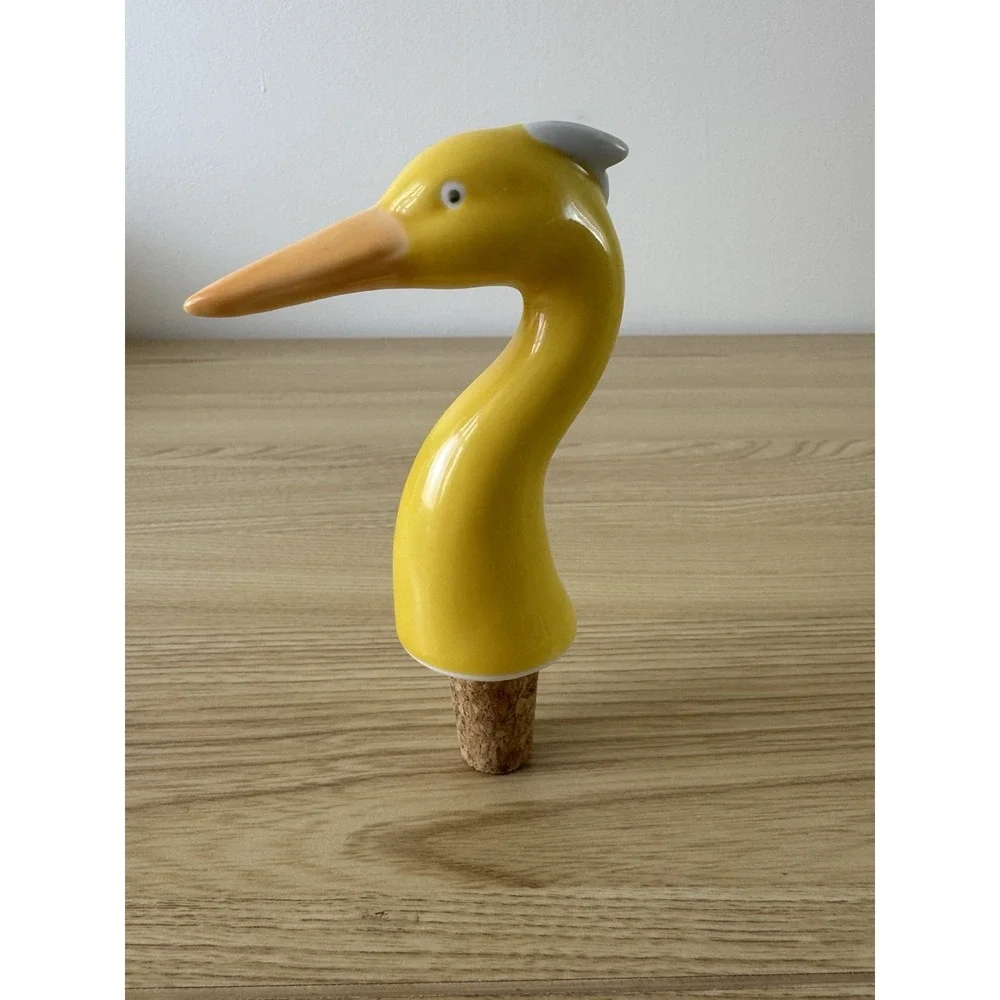 Yellow Ceramic Heron Crane Bird Wine Bottle Stopper Cork Long Beak Whimsical